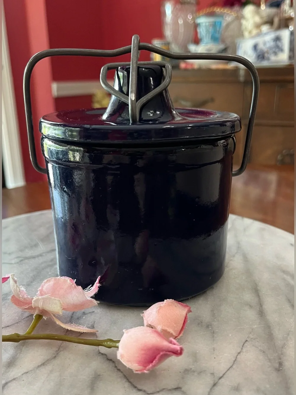 VTG Cobalt Blue Stoneware Cheese Crock w Wire Bail Lid, 1lb Med. Sz. Farmhouse